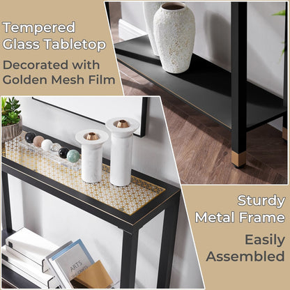 Glass Entryway Table, 2-Tier Entry Way Console Entrance Table, 41"L Narrow Sofa Table with Shelves, Ideal for Hallway, Entryway, Living Room, Foyer, Corridor, and Office (Gold & Black) image 9