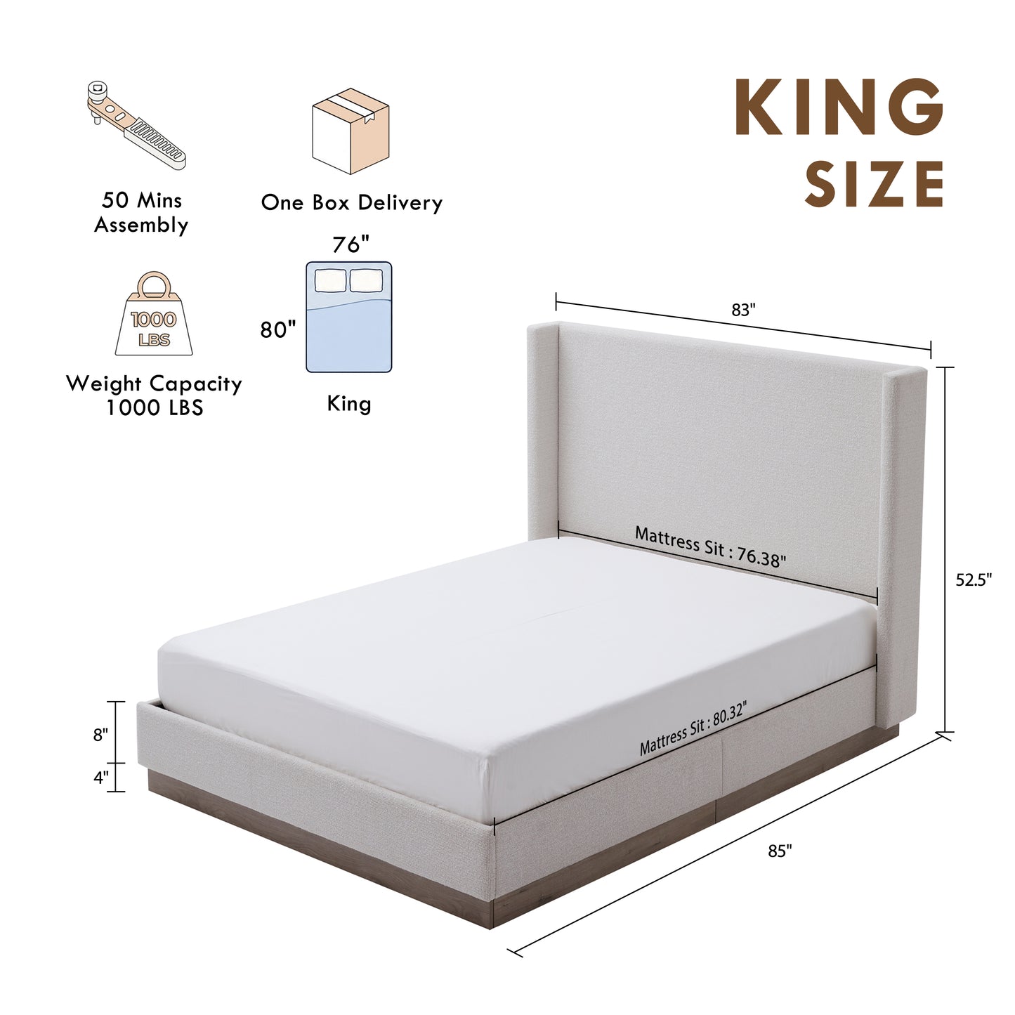 Hosford Upholstered Wingback Bed / Upholstered Wood Base Platform Bed / 52.5" High Headboard / Minimalist / Rusticity / No Box Spring Needed / King / Cream White Boucle / No Noise image 9