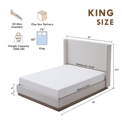 Hosford Upholstered Wingback Bed / Upholstered Wood Base Platform Bed / 52.5" High Headboard / Minimalist / Rusticity / No Box Spring Needed / King / Cream White Boucle / No Noise image 9