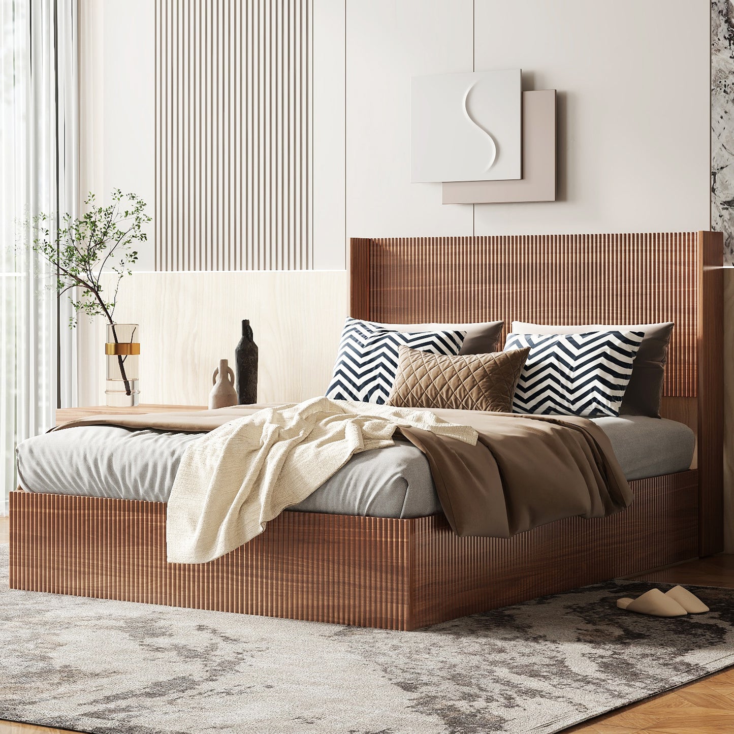 (Queen size) bed frame with a grooved and undulating lifting storage function, featuring a lifting storage feature, safe and beautiful / without noise, a wooden slat platform bed frame in a natural image 2