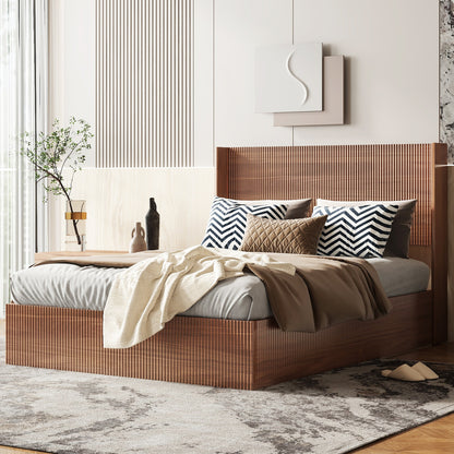 (Queen size) bed frame with a grooved and undulating lifting storage function, featuring a lifting storage feature, safe and beautiful / without noise, a wooden slat platform bed frame in a natural image 2