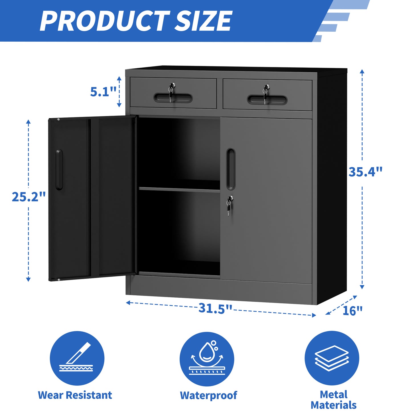 Metal Storage Cabinet with Lock and Two Drawers, 2-Door Office Storage Cabinet with 1 Adjustable Shelves, Heavy Duty Steel File Cabinet for Home, Office, Garage, School (Black, 35.5"H) image 2