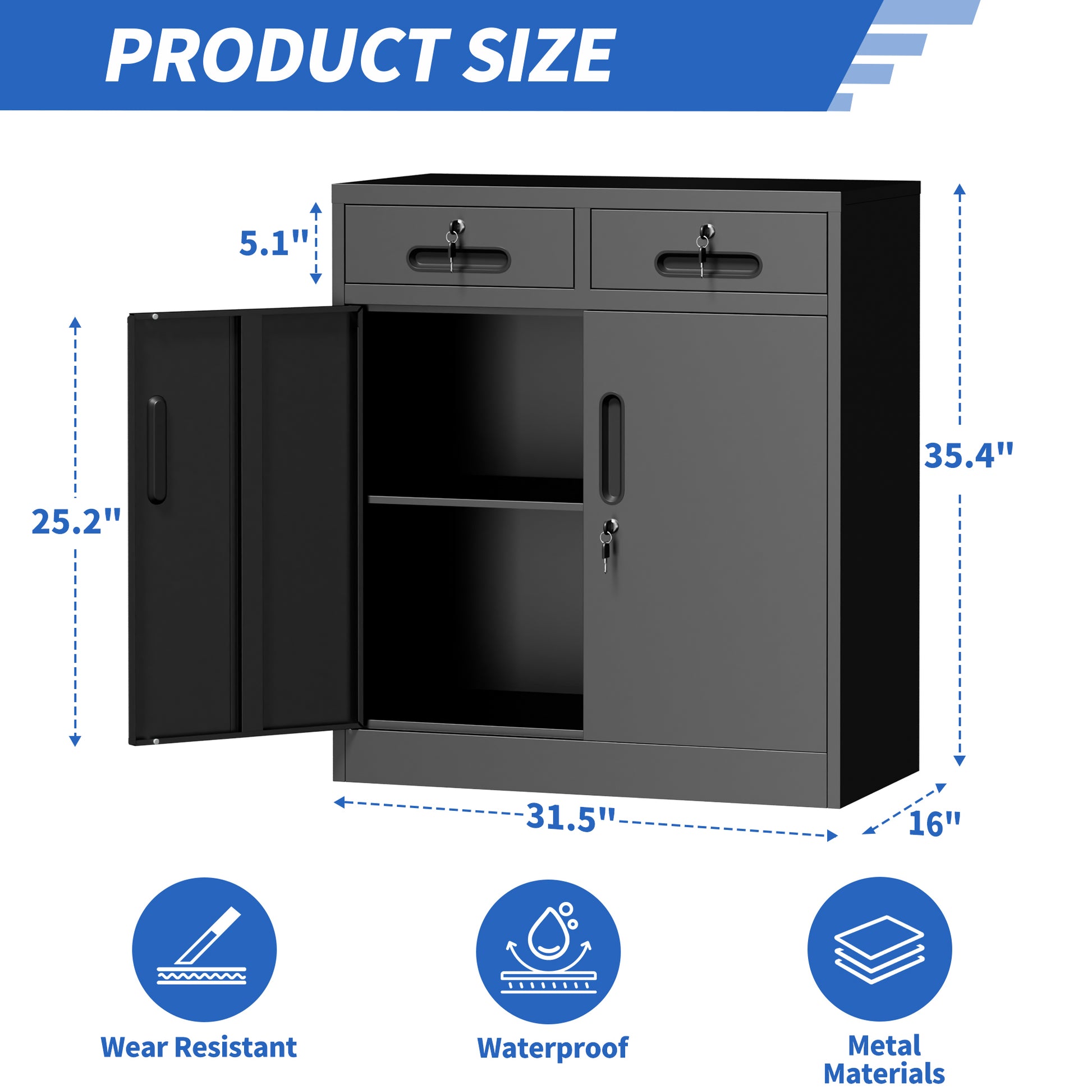 Metal Storage Cabinet with Lock and Two Drawers, 2-Door Office Storage Cabinet with 1 Adjustable Shelves, Heavy Duty Steel File Cabinet for Home, Office, Garage, School (Black, 35.5"H) image 2