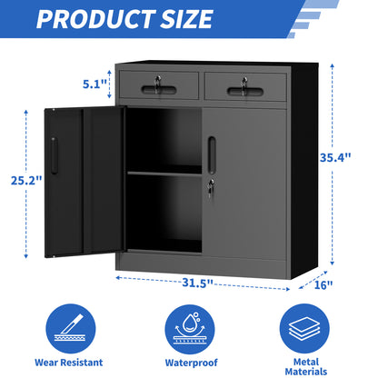 Metal Storage Cabinet with Lock and Two Drawers, 2-Door Office Storage Cabinet with 1 Adjustable Shelves, Heavy Duty Steel File Cabinet for Home, Office, Garage, School (Black, 35.5"H) image 2