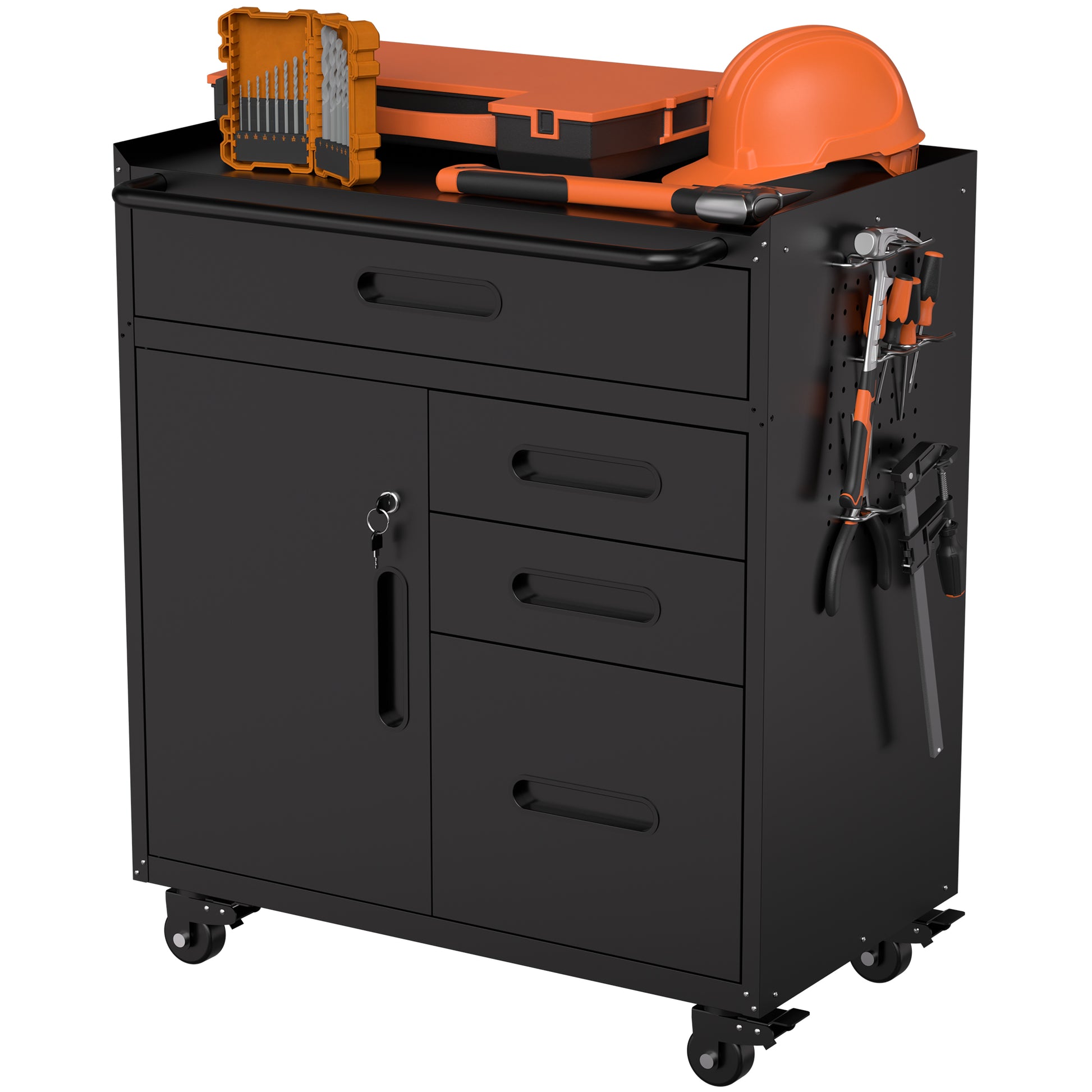 34.3" Mobile Tool Storage Cabinet - Garage Organizer with Lockable Compartment & 4 Drawers, Rolling Steel Chest for Workshop and Home Garage image 8