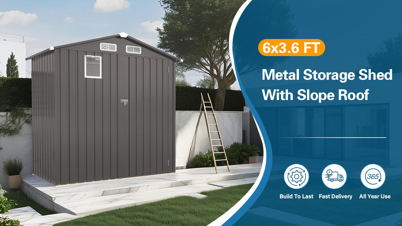 6X 3.6FT Metal Outdoor Storage Shed, Tool Shed with Peaked Roof Watertight with Clear Window and Lockable Door Compact Metal Tool Room for Garden, Backyard, Patio, Sundries and Bike Storage, Gray image 2