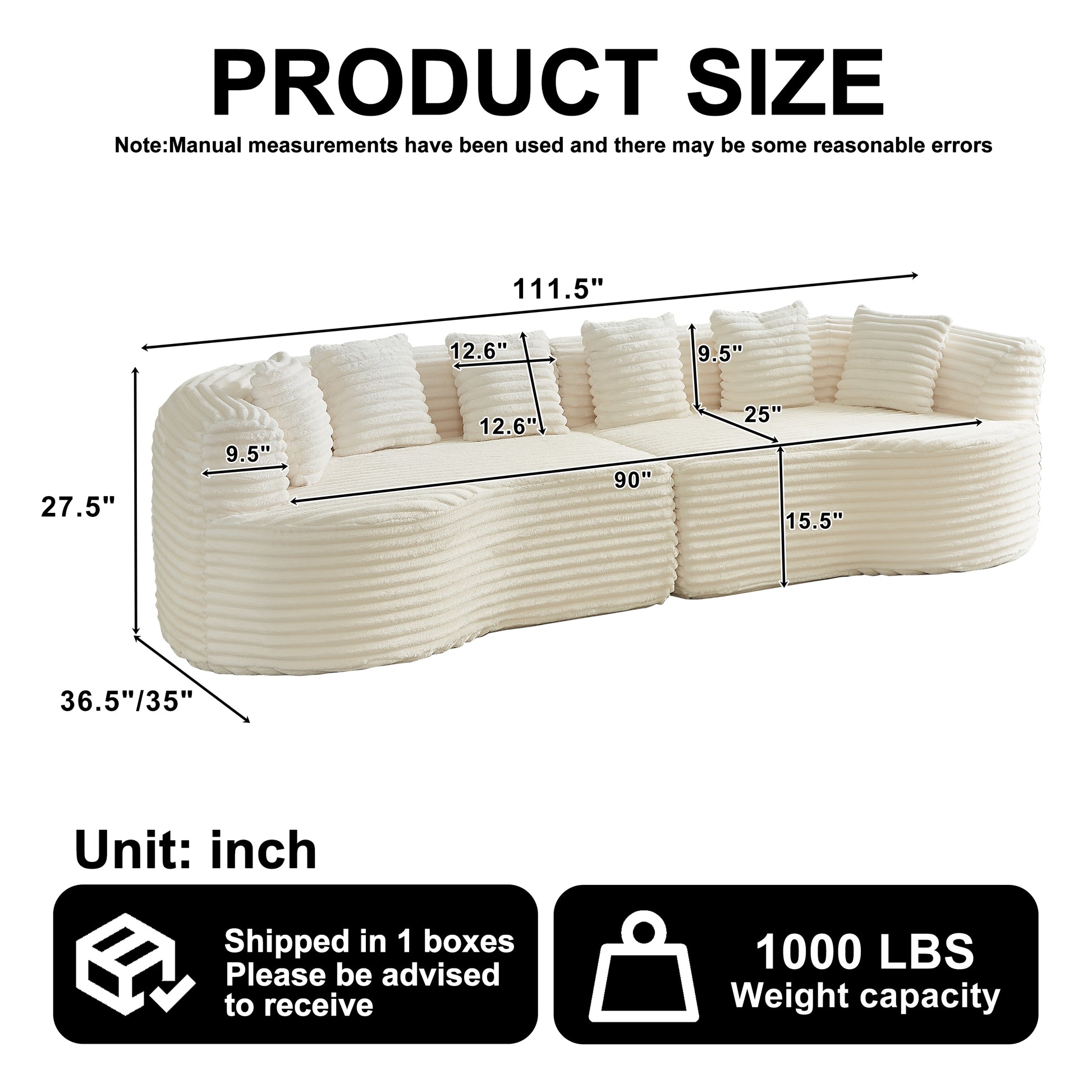 Curved Sectional Sofa, 111.5-inch Oversized Modern Bone-Free Cloud Sofa with 6 Pillows Luxury Corduroy Four-Seater Memory Foam Sofa with Deep Seat Design,beige W3505P355585 image 2