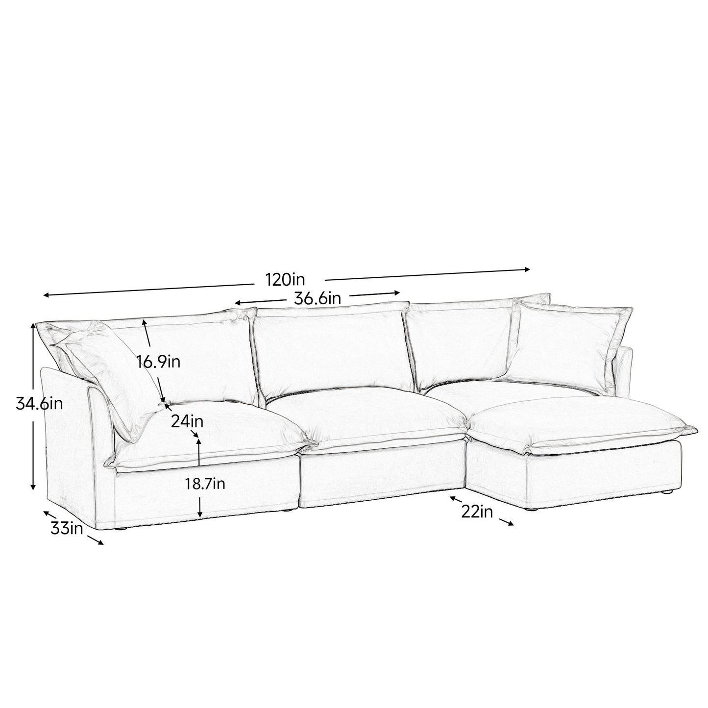 L-Shaped Slipcovered Sectional Sofa Couch, Comfy Chenille Deep Seat Cloud Couch with Convertible Ottoman & 2 Big Pillows, Modern Oversized 3 Seater Slipcovered Sofa Set for Living Room Office, Cream image 10