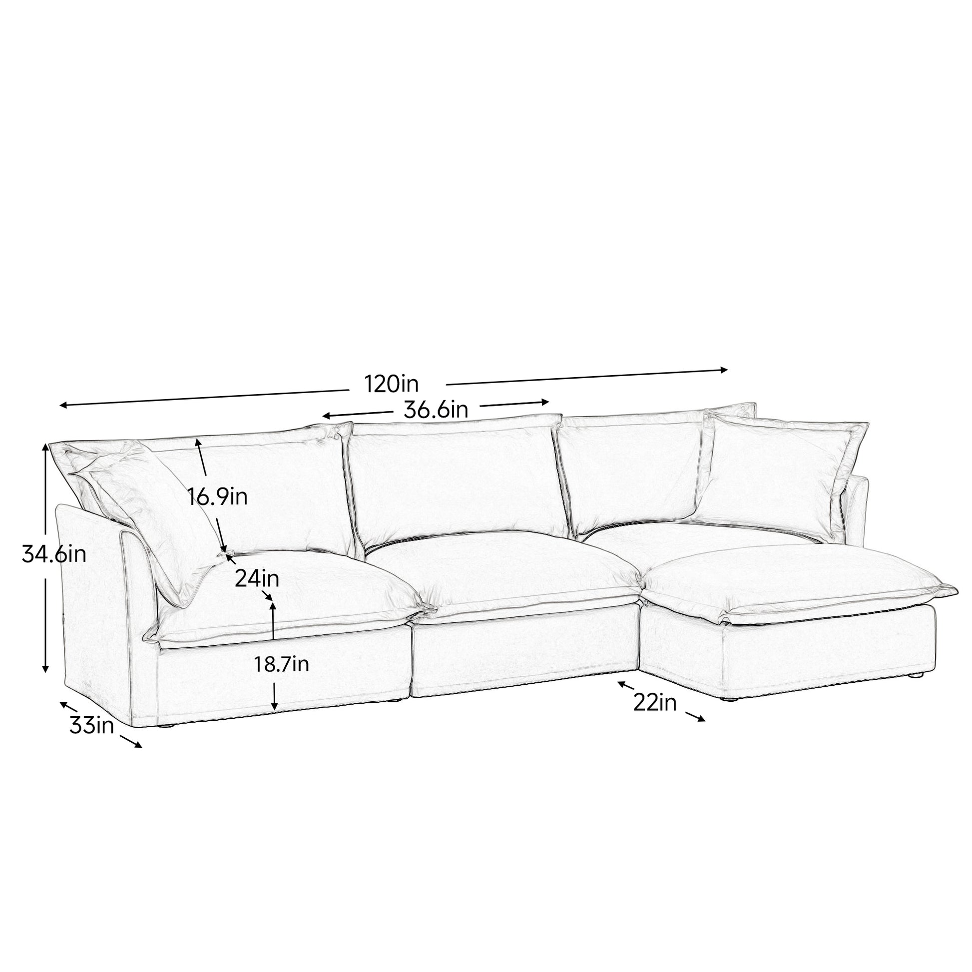 L-Shaped Slipcovered Sectional Sofa Couch, Comfy Chenille Deep Seat Cloud Couch with Convertible Ottoman & 2 Big Pillows, Modern Oversized 3 Seater Slipcovered Sofa Set for Living Room Office, Cream image 10