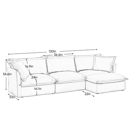 L-Shaped Slipcovered Sectional Sofa Couch, Comfy Chenille Deep Seat Cloud Couch with Convertible Ottoman & 2 Big Pillows, Modern Oversized 3 Seater Slipcovered Sofa Set for Living Room Office, Cream image 10
