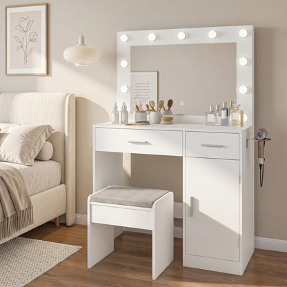 Vanity Desk with Mirror, Large Drawer and Power Socket with 11 Light Bulbs and 3 Adjustable Lighting Modes, Vanity Table Ideal for Bedroom (White) image 6