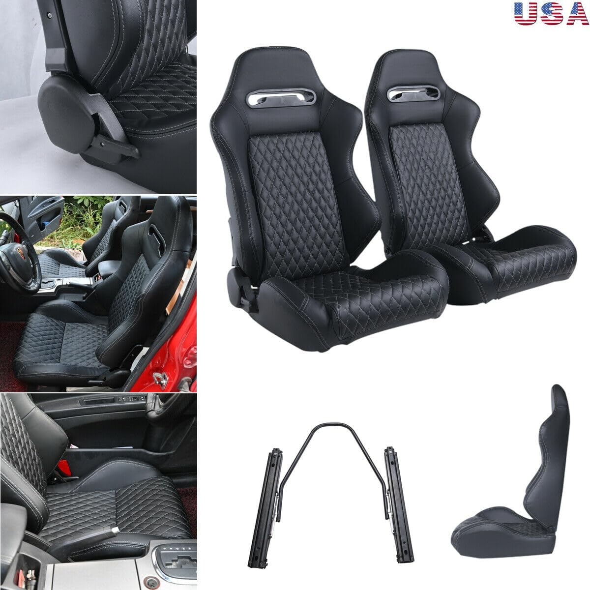 Driver's side 1PC Universal Racing Seats Stitch PVC Leather Reclinable Carbon Look Leather Back With Adjustor Slider(Not Including Seat Bracket) 1 box of 1 pieces image 2