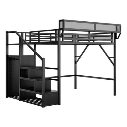 Full Size Loft Bed with Stairs, Metal Full Loft Bed with Storage Shelves, High Loft Bed with Wardrobe for Kids Teens, Black(Old skuW2580S00037) image 12