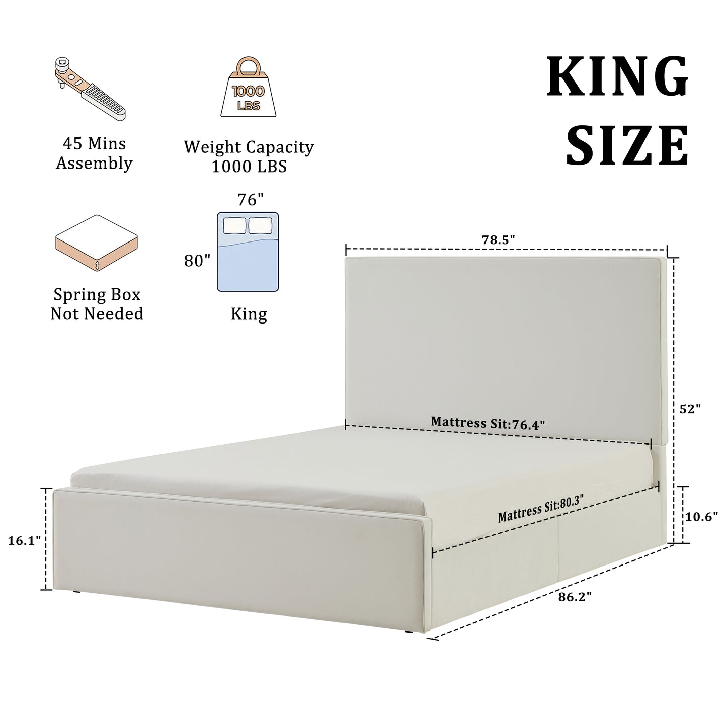 Lucas Tall Headboard Upholstered Bed / 52" High Headboard / Elegant Simplicity / No Box Spring Needed / Easy Assembly / King / Coconut Micro Suede image 7
