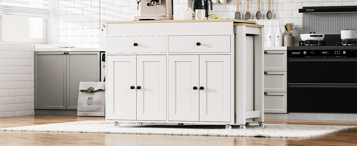 K&K 74.5 inch Kitchen Island with Extendable Dining Table, Rolling Kitchen Island on Wheels with Spice Rack and 2 Drawers, 4 Door Cabinet, for Kitchen, Dining Room, White (One Package) image 2