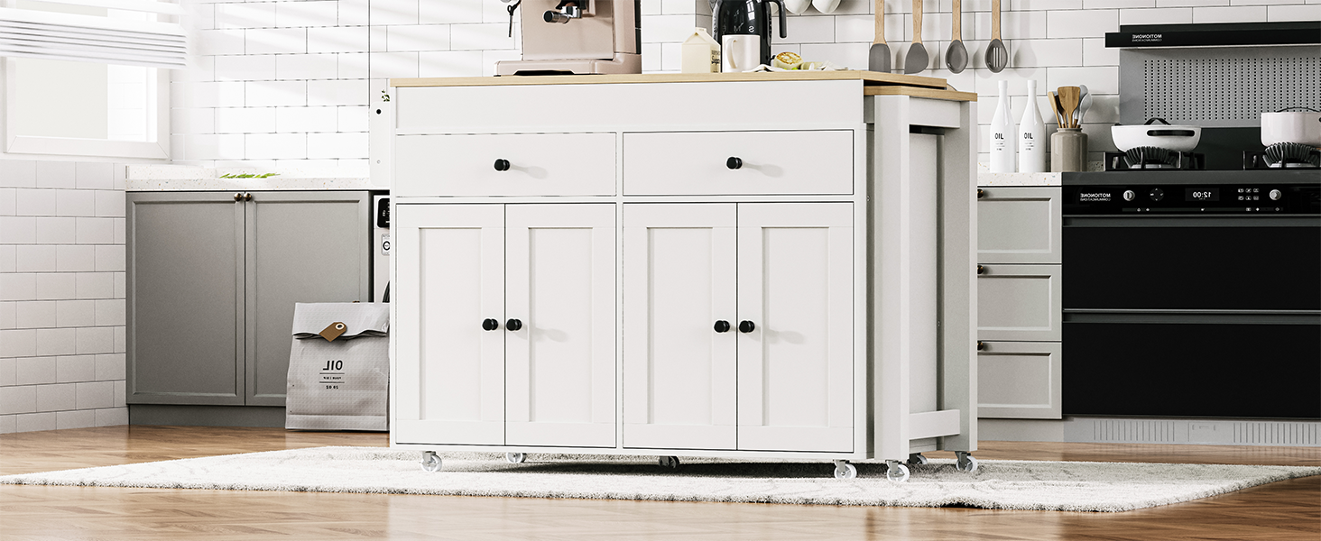 K&K 74.5 inch Kitchen Island with Extendable Dining Table, Rolling Kitchen Island on Wheels with Spice Rack and 2 Drawers, 4 Door Cabinet, for Kitchen, Dining Room, White (One Package) image 2