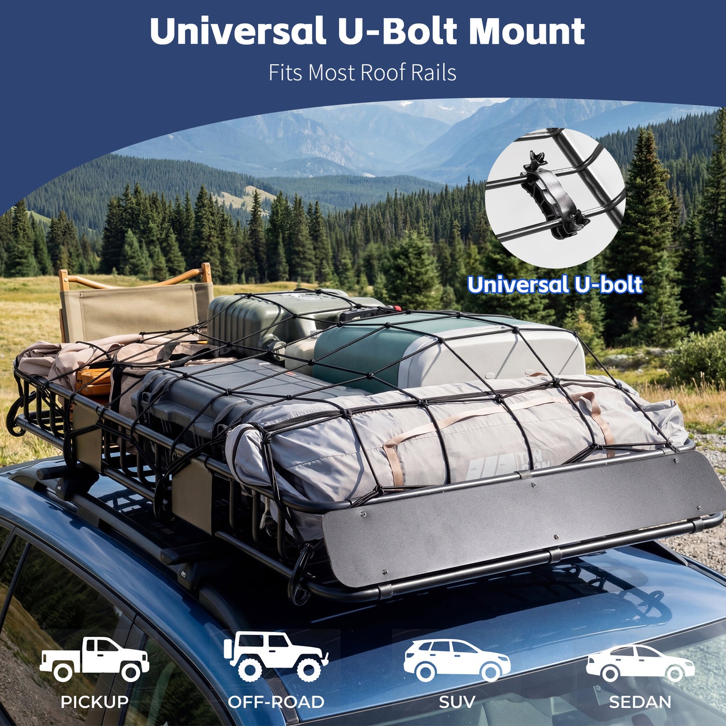 64 x 39 x 6 Inch Heavy Duty 250LB Roof Rack Cargo with 500D Waterproof Cargo Bag, Net & Ratchet Strap, Car Top Luggage Holder Basket for SUV, Truck or RV Camping Storage Steel Construction image 8