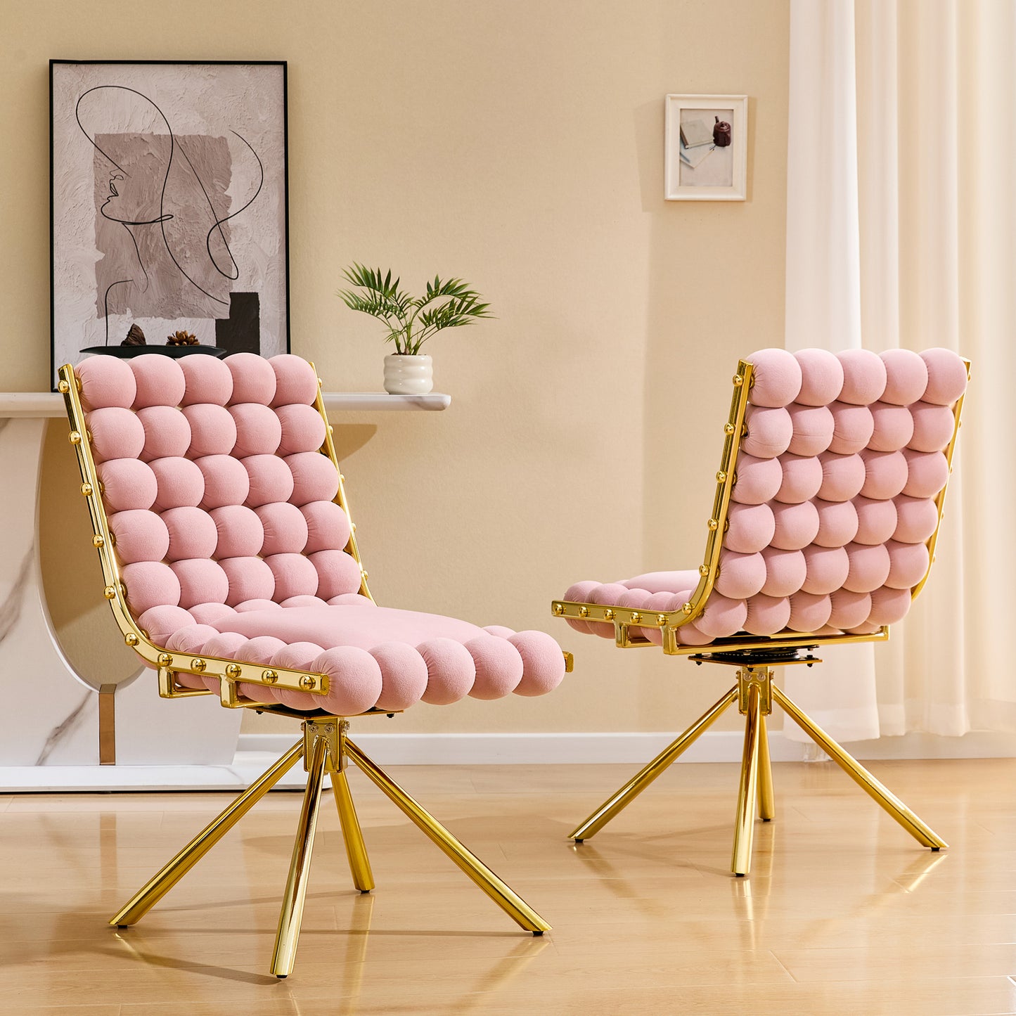 Set of 2 Modern Pink Bubble Tufted Accent Chair, Plush Velvet Swivel Chair with Gold Metal Legs, Ergonomic Armless Chair for Living Room, Bedroom & Dining Area image 3