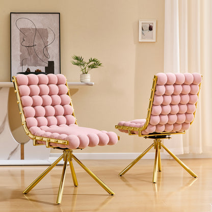 Set of 2 Modern Pink Bubble Tufted Accent Chair, Plush Velvet Swivel Chair with Gold Metal Legs, Ergonomic Armless Chair for Living Room, Bedroom & Dining Area image 3