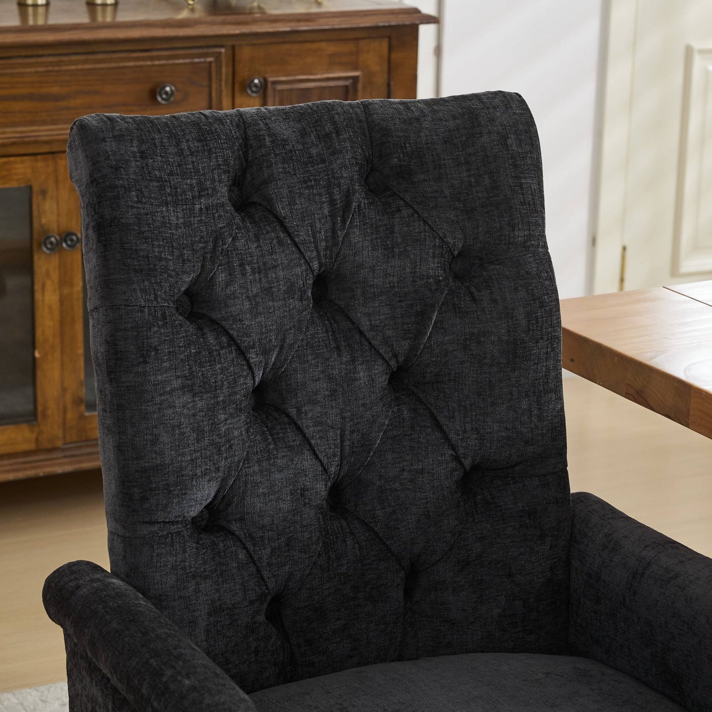 Upholstered Chenille Fabric Accent Dining Chair, Curved Solid Wood Legs, Elegant Tufted Club Dining Room Kitchen Room Arm Dining Chair, Single Pack,Black,SW1895BK image 10