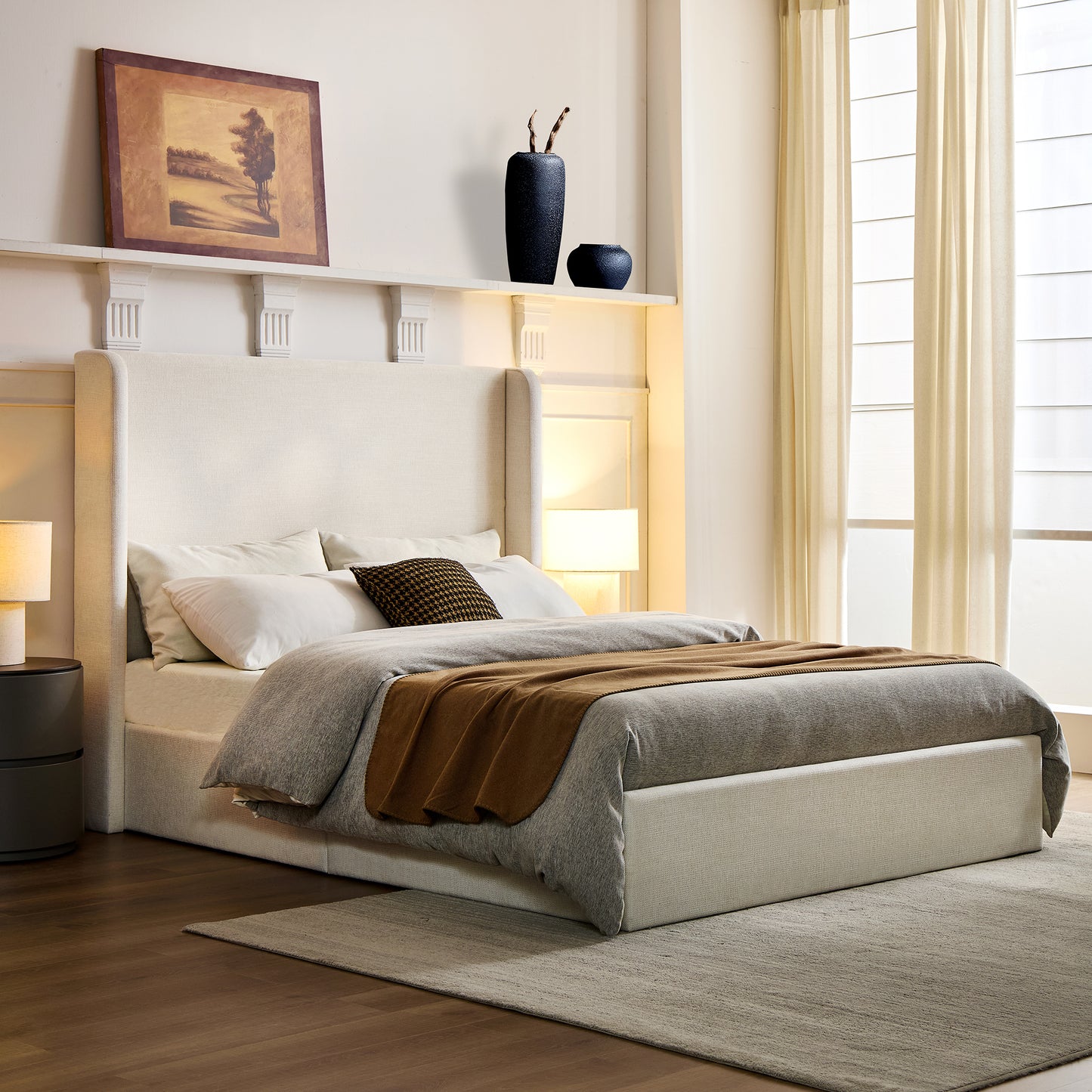 Carmen Upholstered Wingback Bed / Upholstered Platform Bed Frame / 52" High Headboard / Simplicity / Minimalist / No Box Spring Needed / California King / Textured Ivory Canvas / No Noise image 3