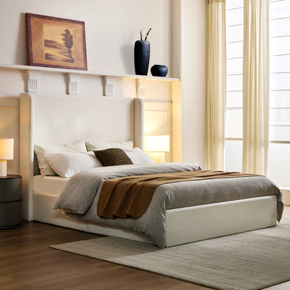 Carmen Upholstered Wingback Bed / Upholstered Platform Bed Frame / 52" High Headboard / Simplicity / Minimalist / No Box Spring Needed / California King / Textured Ivory Canvas / No Noise image 3