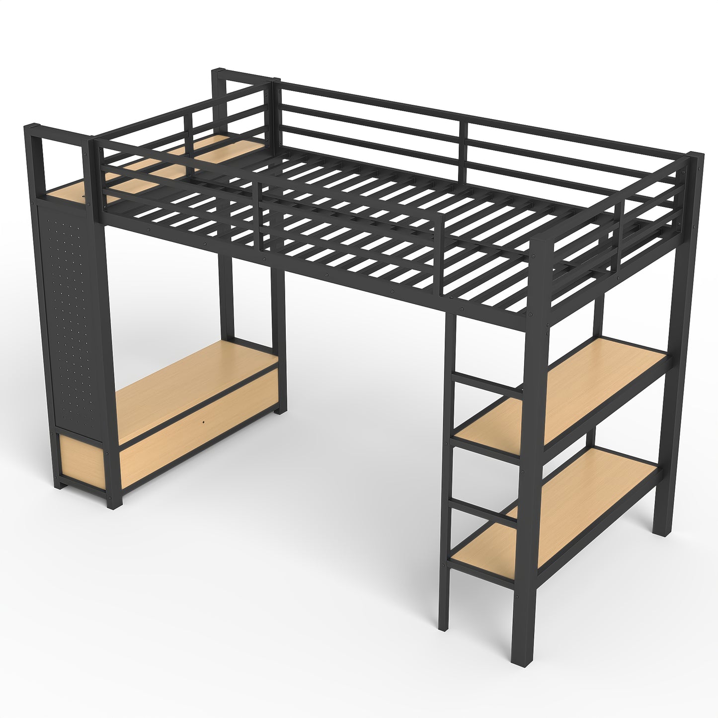 Twin XL size Loft Bed Frame with Wardrobe,Metal Loft Bed with Storage Shelves and Pegboard,Black image 10