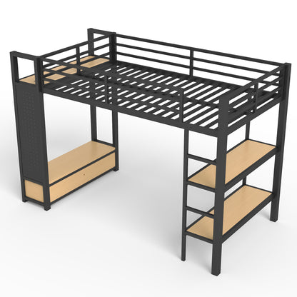 Twin XL size Loft Bed Frame with Wardrobe,Metal Loft Bed with Storage Shelves and Pegboard,Black image 10
