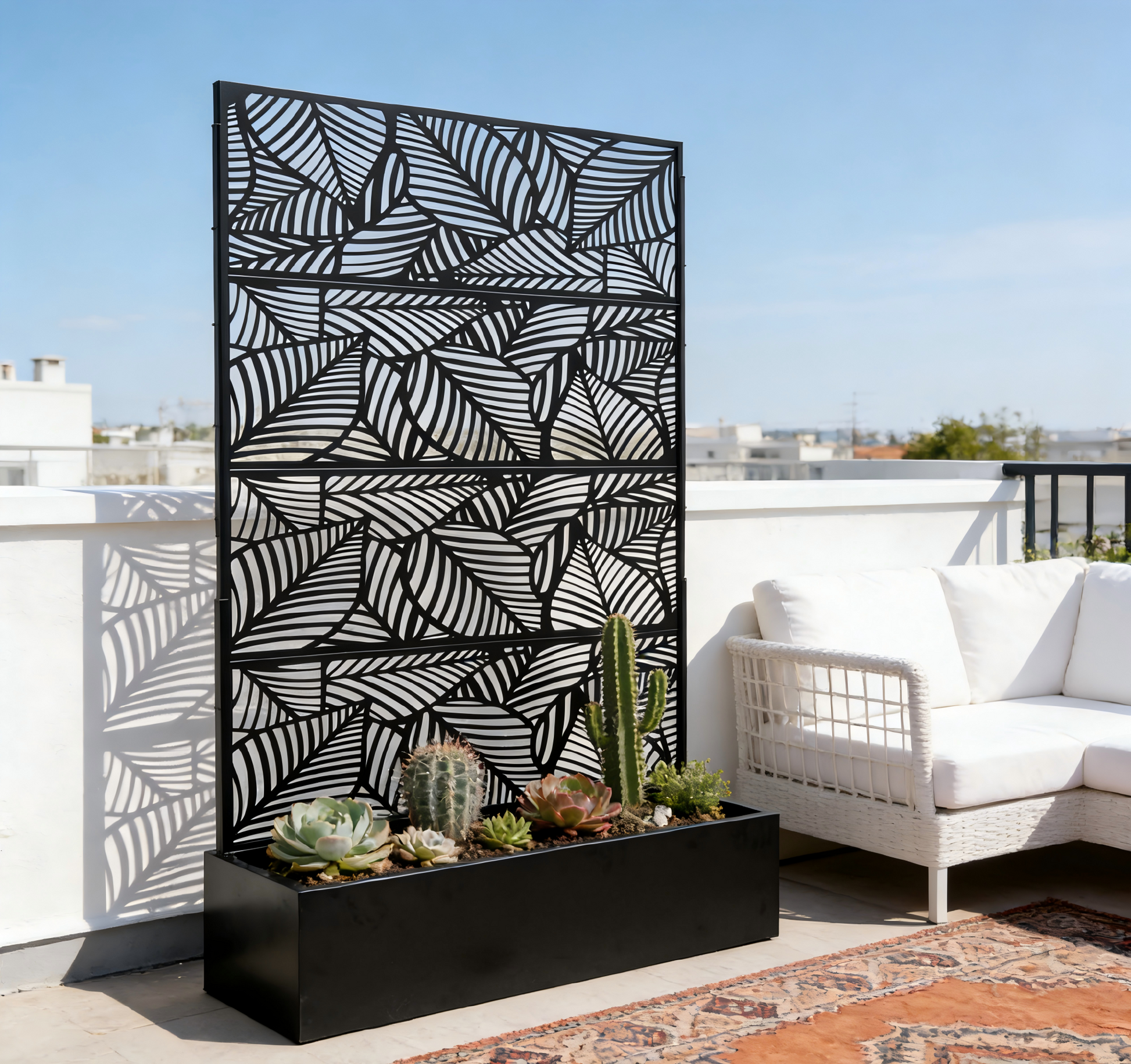 70.87" H × 46.06" W Leaf Pattern Privacy Screen with Planter Box, Black Metal Freestanding Decorative Fence Planter for Patio Balcony Backyard image 5