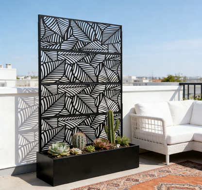 70.87" H × 46.06" W Leaf Pattern Privacy Screen with Planter Box, Black Metal Freestanding Decorative Fence Planter for Patio Balcony Backyard image 5