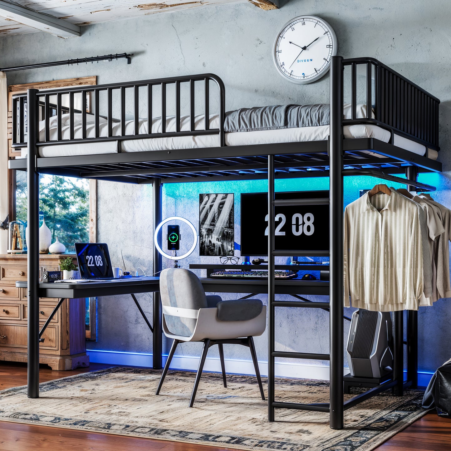 Queen Loft Bed with L-Shaped Desk,LED Light Strip and Charge Station, Metal Loft Bed with Computer Mainframe Tray and Hanging Area, Special Round Pipe Design, Black image 3