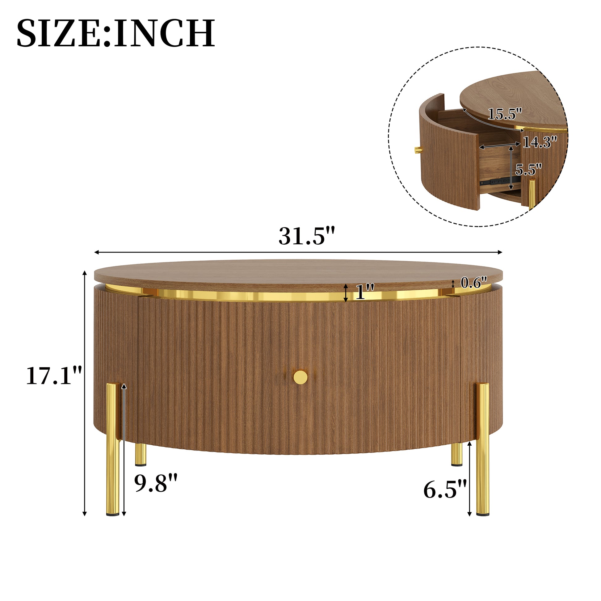 Modern Round Coffee Table with 2 large Drawers Storage Accent Table, Brown, 31.5" image 6