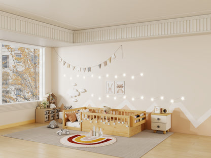 Twin Montessori Floor Bed Frame with High Rails, Wood Kids Floor Beds with Light and Storage Shelf, Natural (Expect Arrival Date 2025/8/15) image 6