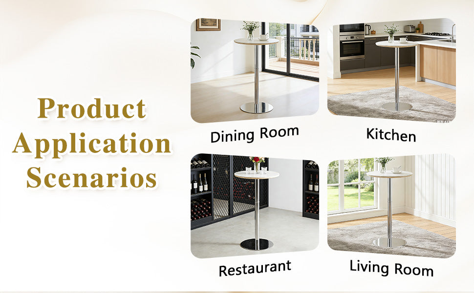 Rock slab circular tabletop non adjustable (39 inches high) bar table, bar table with silver legs and base (white) image 9