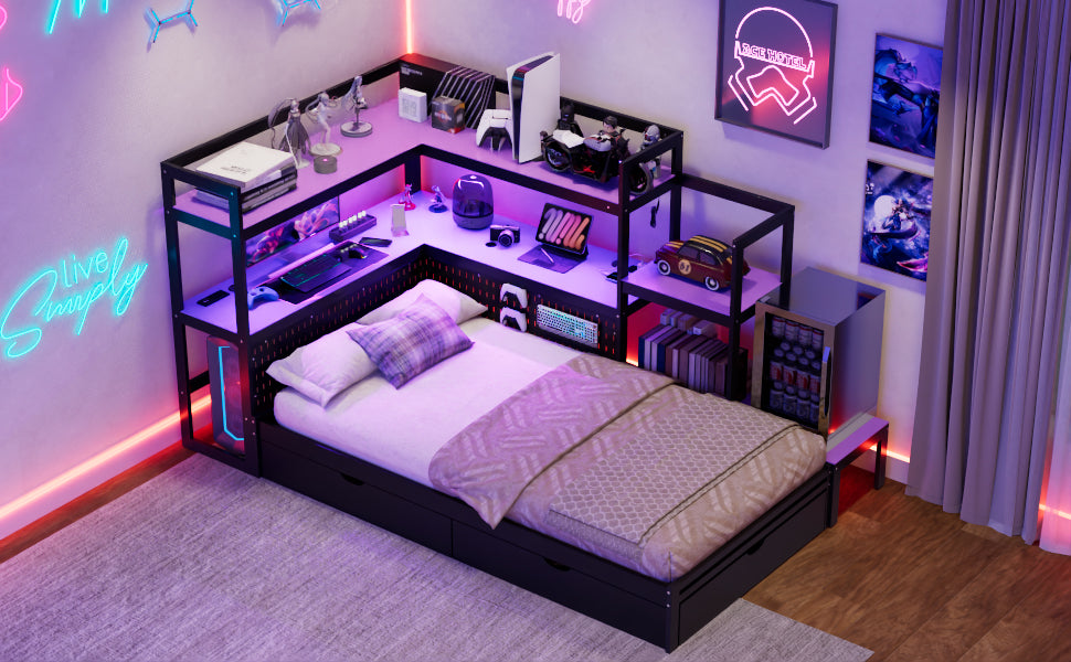 Twin Size Gaming Daybed with Integrated Desk and LED Light, Modern Wooden Bed Frame with 3 Storage Drawers and Built-in Charging Station, Multi-Functional Headboard Bookcase, Black+Purple image 2
