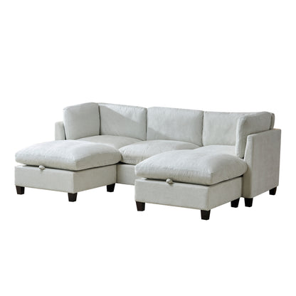 96.5" Sectional Couch for Living room, Upholstered Soft Chenille Fabric Sofa with Storage, 3-Seater with Two Ottomans U Shape Sofa Beige image 9