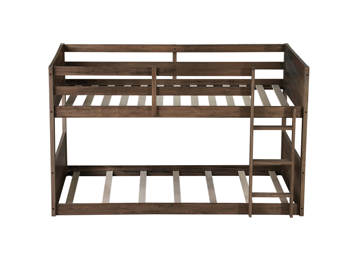 Twin over Twin Floor Bunk Bed with Panelled Headboard and Footboard, Solid Rubber Wood Foundation with Safety Guardrails, Built-in ladder,Antique Oak(Old Sku W504P263818) image 2