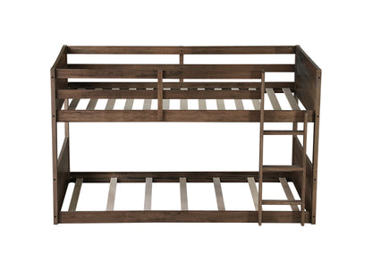 Twin over Twin Floor Bunk Bed with Panelled Headboard and Footboard, Solid Rubber Wood Foundation with Safety Guardrails, Built-in ladder,Antique Oak(Old Sku W504P263818) image 2