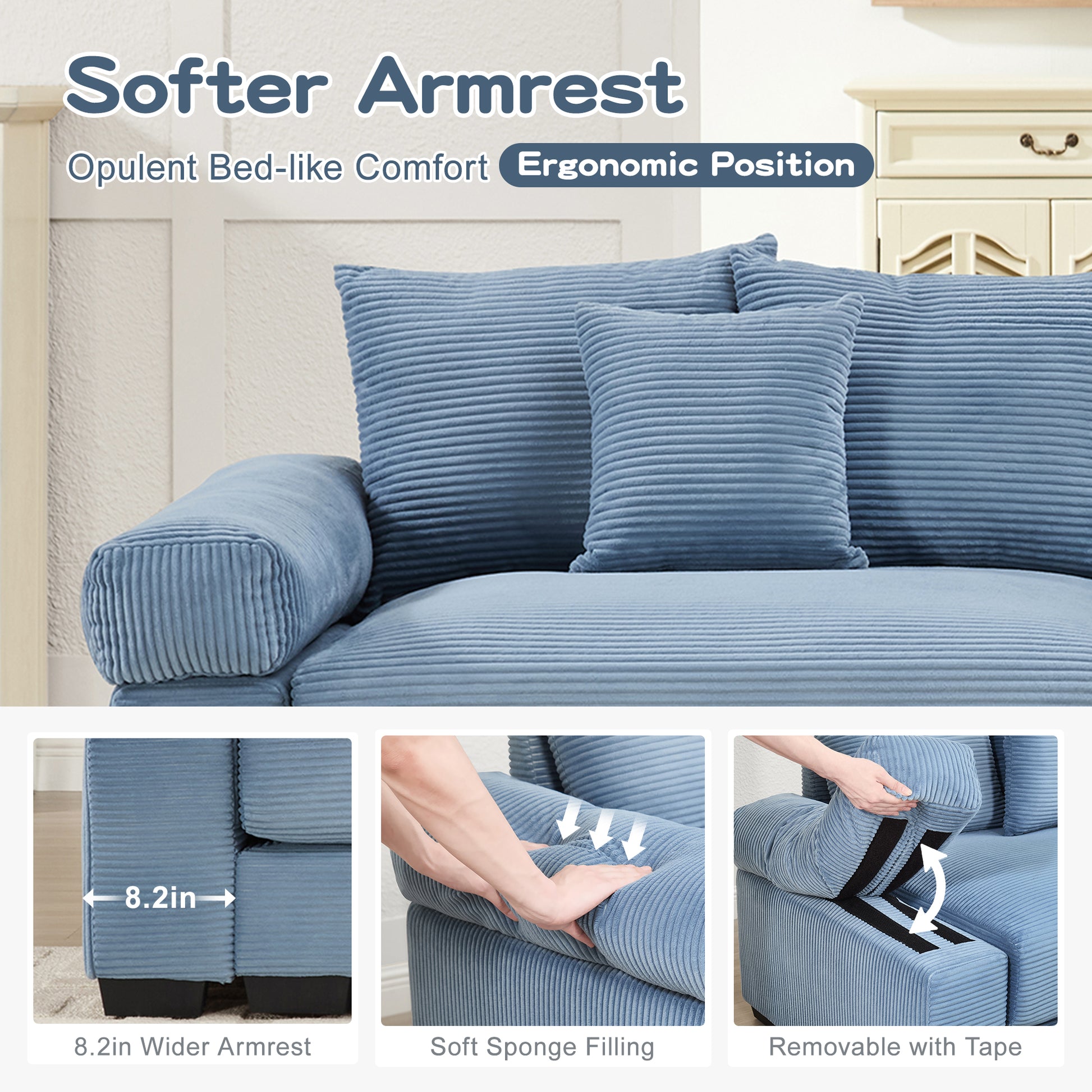 170"Oversized Cloud Modular U-Shape Sectional Couch,Premium Corduroy Fabric With An Ottoman,Deep Seat Wide Armrests,8 Throw Pillows Good Resilience Cushion,Easy Assembly, For Living Rooms Studies,Blue image 9