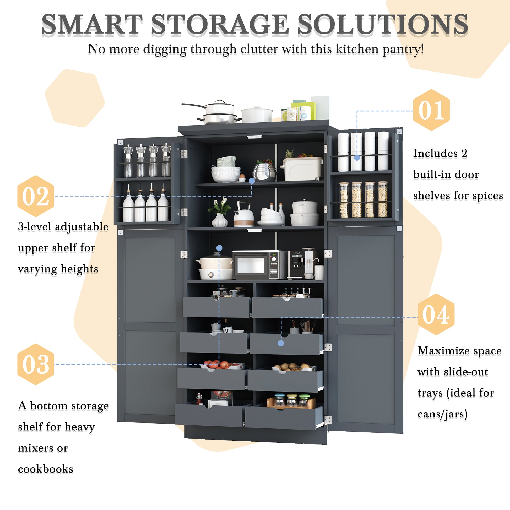 [Assembly Video Provided] TOPMAX 35.5x17.6x70.9inch Freestanding Kitchen Pantry Cabinet, Tall Storage Cabinet with 4 Doors, 2 Door Shelves, 8 Pull-out Trays and Adjustable Shelf for Dining Room, Gray image 8