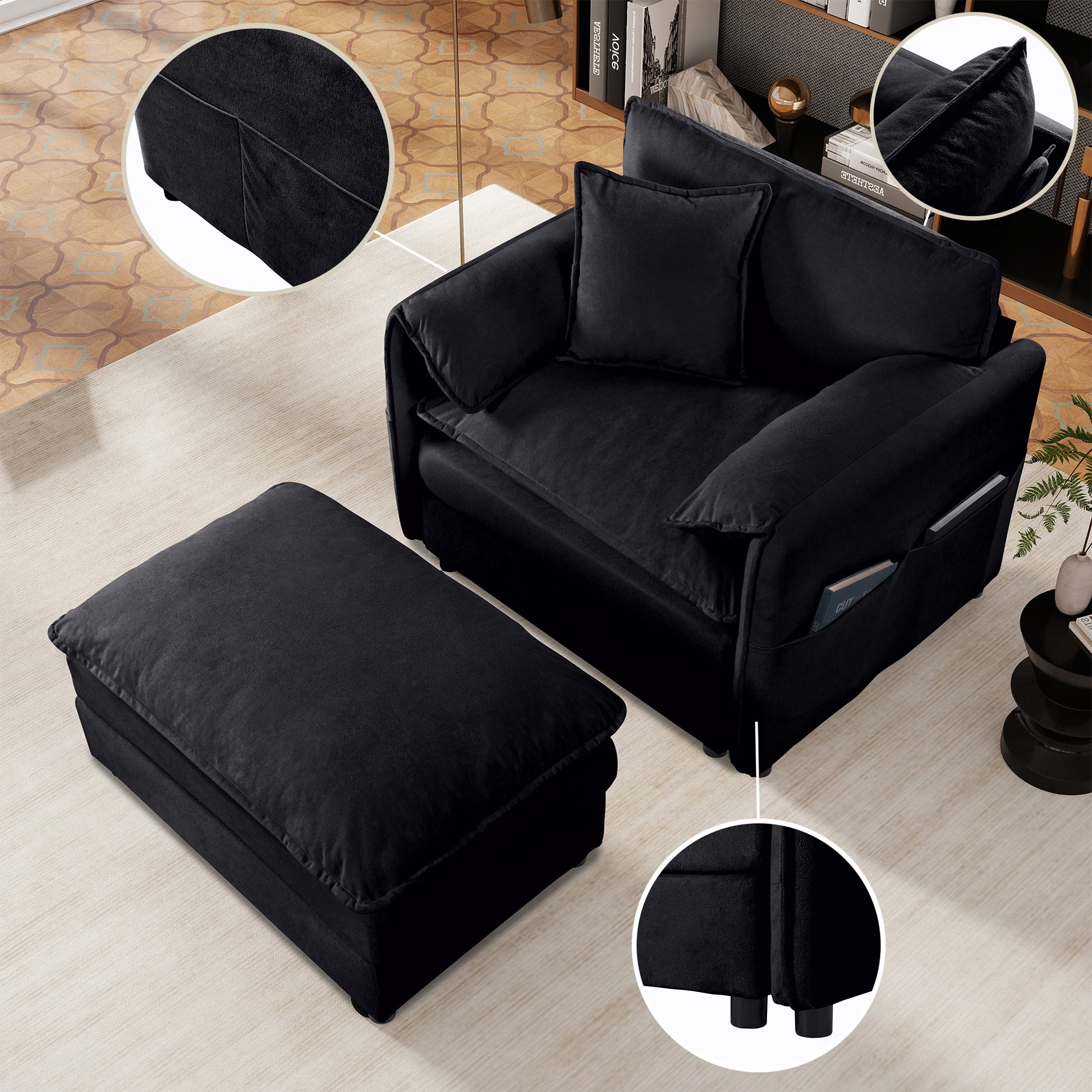 Oversized 57.48" Recliner Chair with Movable Ottoman - Soft Chenille Upholstered Indoor Lounge Chair for Living Room or Bedroom,DIY Combination,Black image 8