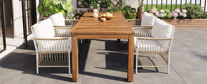 TOPMAX Patio 5pcs Wooden Dining Table Set, Outdoor 67''L Rectangular Table with 4 Rattan Arm Chairs for Poolside, Backyard, Garden, Natural image 3