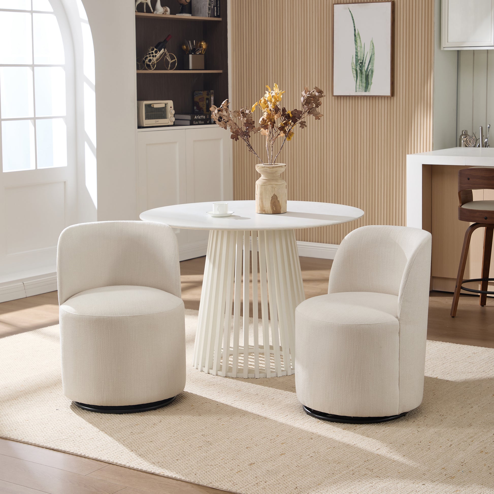 Set Of 1 Upholstered Kitchen & Dining Room Barrel Chair, Mid Century Modern Round Linen Dining Chair, 360 Degree Swivel Comfy Armless Accent Makeup Vanity Side Chair for Bedroom Living Room image 10