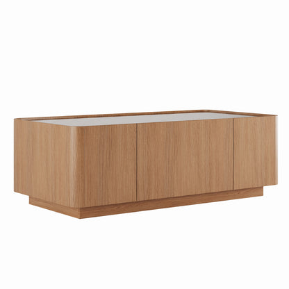 46.8" Mid-Century Modern Glass Top Coffee Table,Rectangular Center Table with Hidden Storage Drawers for Living Room,Contemporary Storage Coffee Table with Stable Base for Apartment Home(Light Walnut) image 9