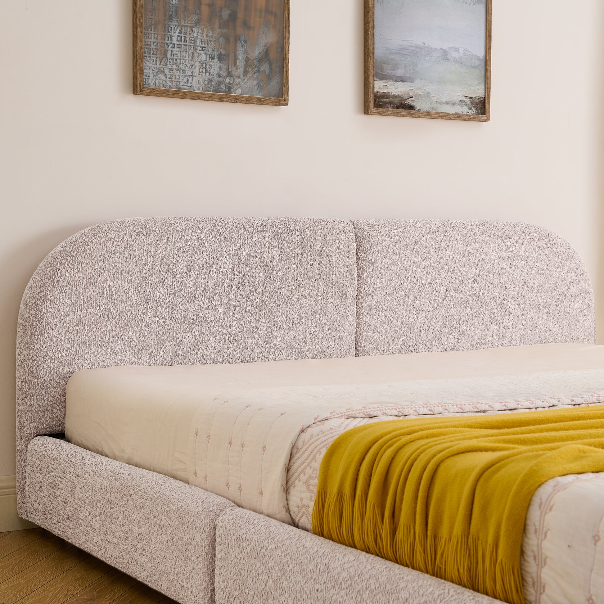 King Size Upholstered Bed Frame Modern Minimalist Style - Circle Yarn Fabric, Tall Curved Headboard, Sturdy Leg Support & Wheeled Drawer Storage, Mattress Not Included - Pink image 4