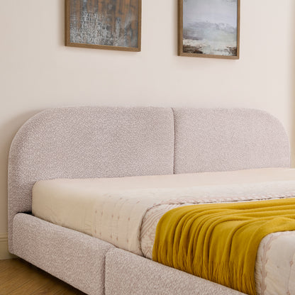 King Size Upholstered Bed Frame Modern Minimalist Style - Circle Yarn Fabric, Tall Curved Headboard, Sturdy Leg Support & Wheeled Drawer Storage, Mattress Not Included - Pink image 4