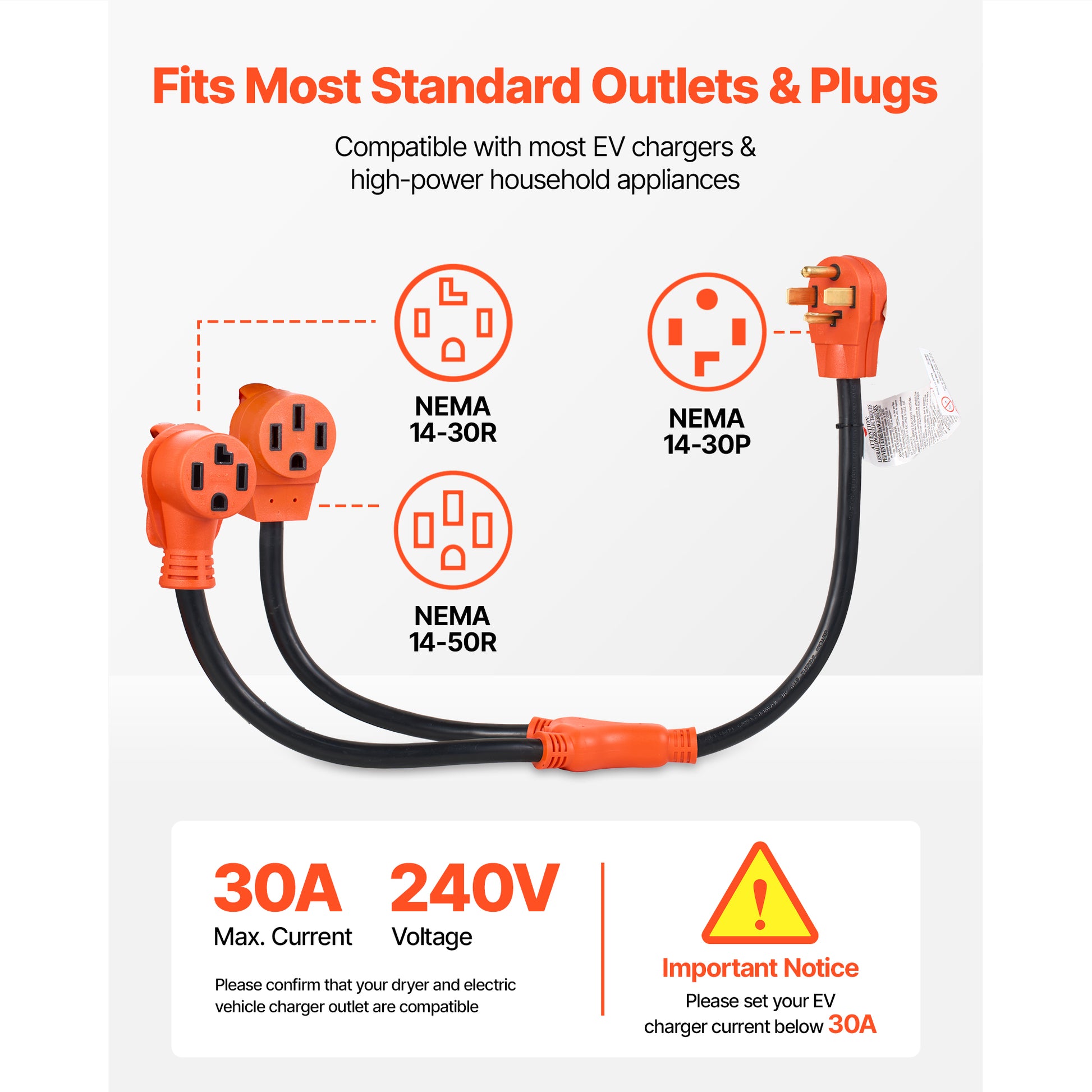 Y Splitter Adapter, 30 Amp, 4 Prong Outlet 240 Volt Dryer to EV Charger Adapter, NEMA 14-30P to 14-30R/14-50R, with Grip Handle, Heavy Duty 10 AWG STW Wire, for EV Charger Dryer RV image 9