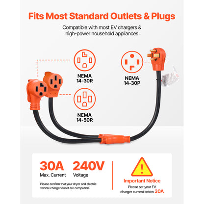 Y Splitter Adapter, 30 Amp, 4 Prong Outlet 240 Volt Dryer to EV Charger Adapter, NEMA 14-30P to 14-30R/14-50R, with Grip Handle, Heavy Duty 10 AWG STW Wire, for EV Charger Dryer RV image 9