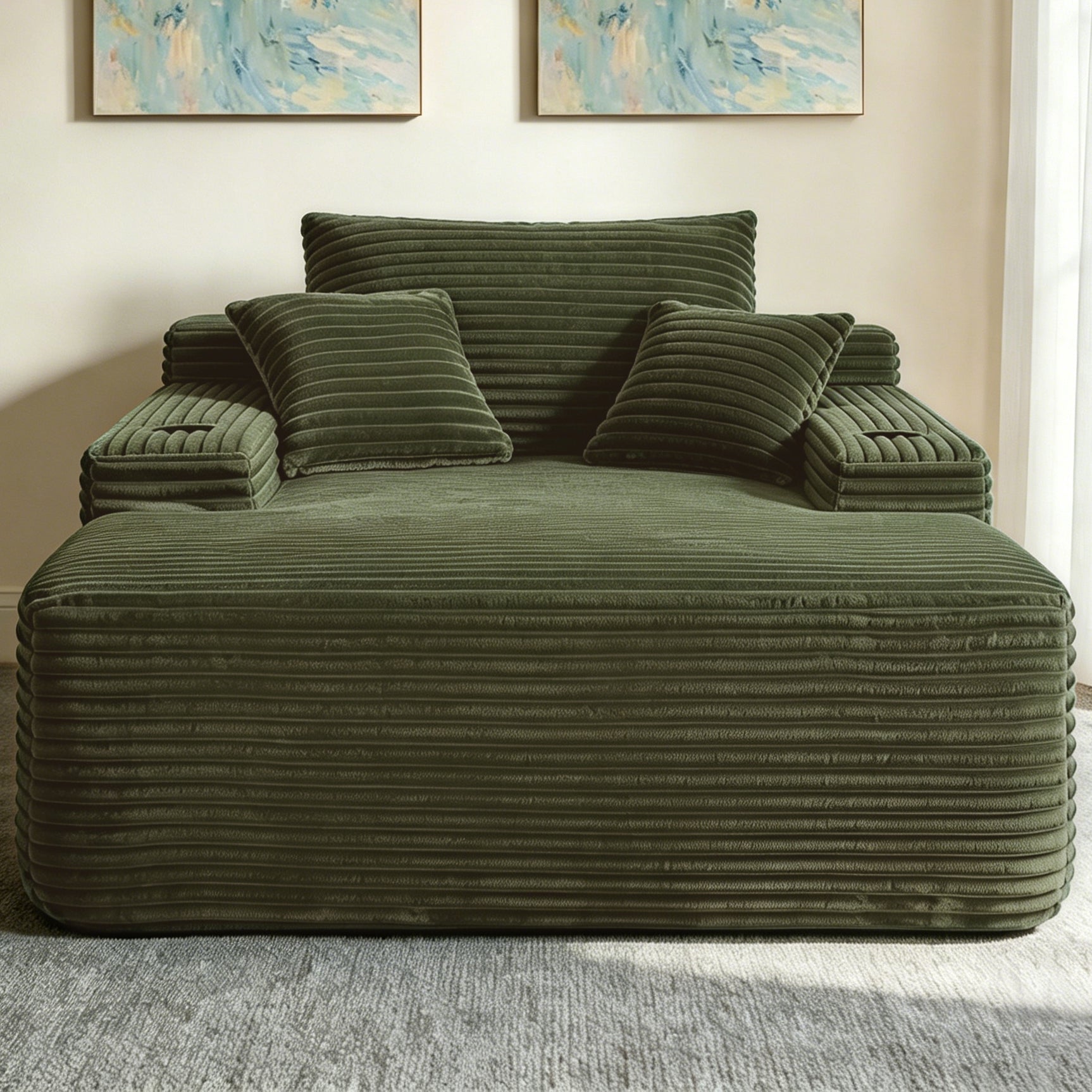 NEW Convertible Chaise Lounge Chair Plush with Wide Armrest & Throw Pillows, Cozy Boneless Sleeper Sofa Bed Armchair, with cup holder,for Living Room, Bedroom, No Assembly Required,Plush,Green image 2