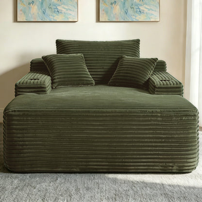 NEW Convertible Chaise Lounge Chair Plush with Wide Armrest & Throw Pillows, Cozy Boneless Sleeper Sofa Bed Armchair, with cup holder,for Living Room, Bedroom, No Assembly Required,Plush,Green image 2